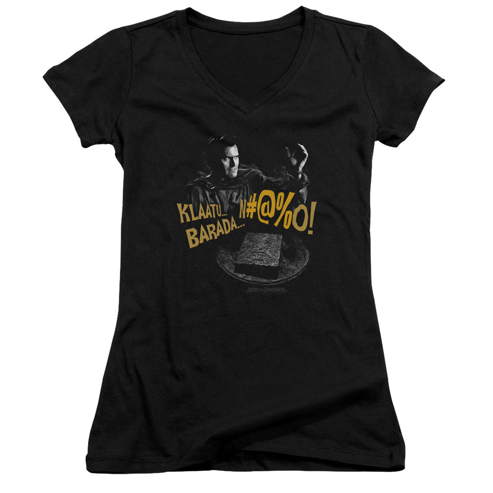 Army Of Darkness Klaatuâ€¦ Barada Junior Sheer Cap Sleeve V-Neck Womens T Shirt Black - clothing by TeeHivey.com