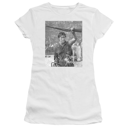 Army Of Darkness Boom Junior Sheer Cap Sleeve Womens T Shirt White - clothing by TeeHivey.com