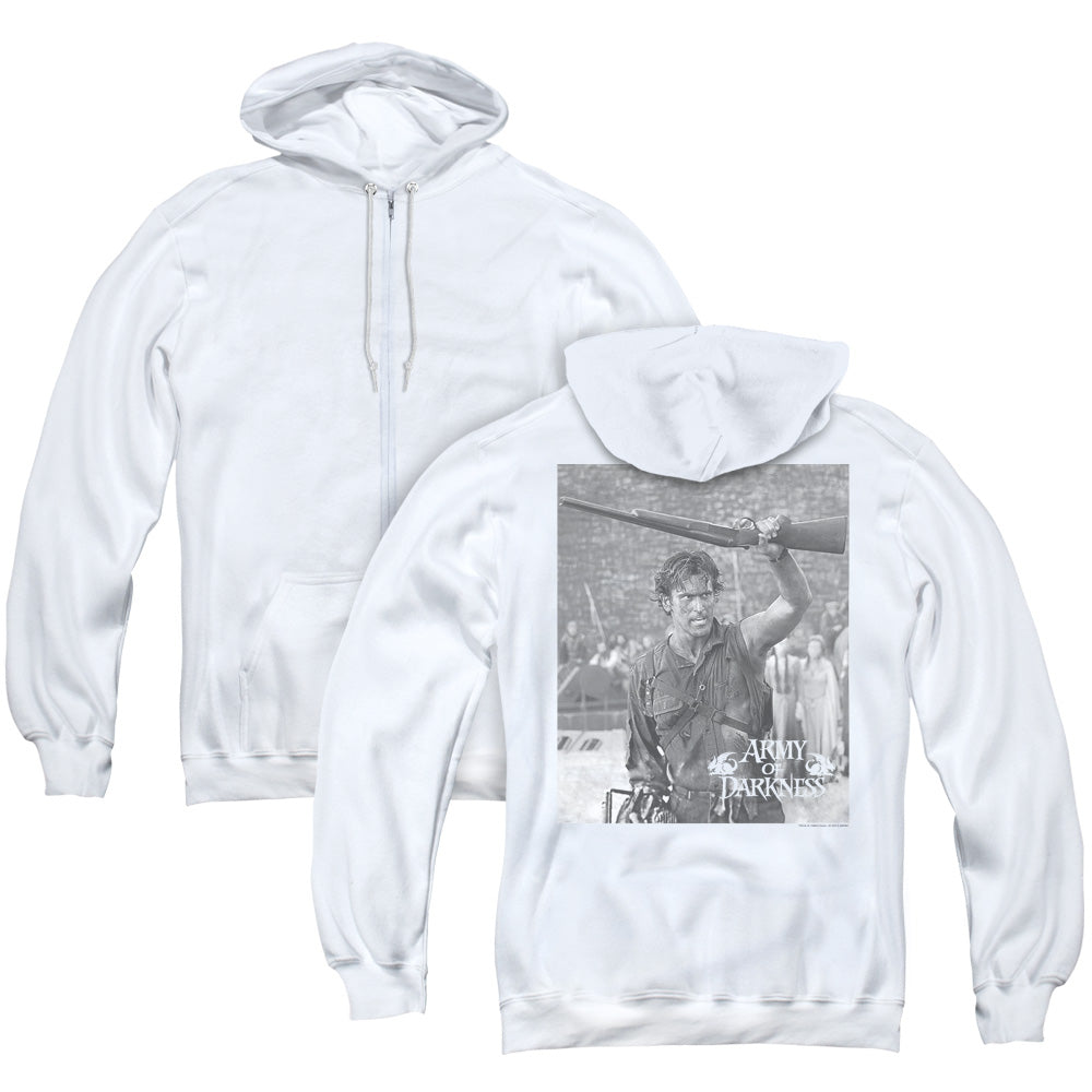 Army Of Darkness Boom Back Print Zipper Mens Hoodie White - clothing by TeeHivey.com (Image 1)