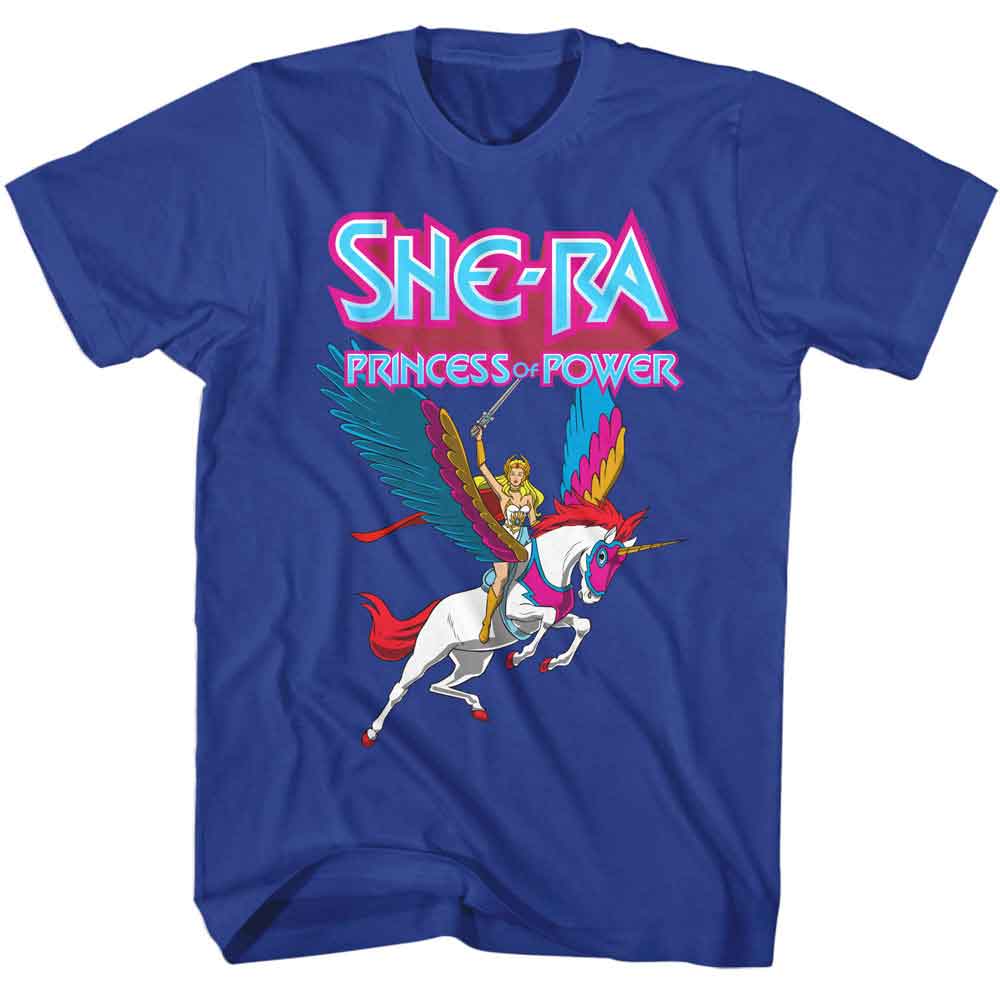 Masters Of The Universe - She Ra Swiftwind And Logo - American Classics - Blue Solid Adult Short Sleeve T-Shirt