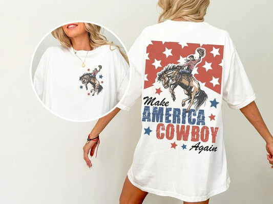 Make America Cowboy Again Shirt - Bucking Bronco, Summer Casual Crewneck Tee for Women