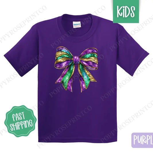 Mardi Gras Bow Kids Shirt - Coquette Children's Tshirt - Cute Youth Tee Gildan