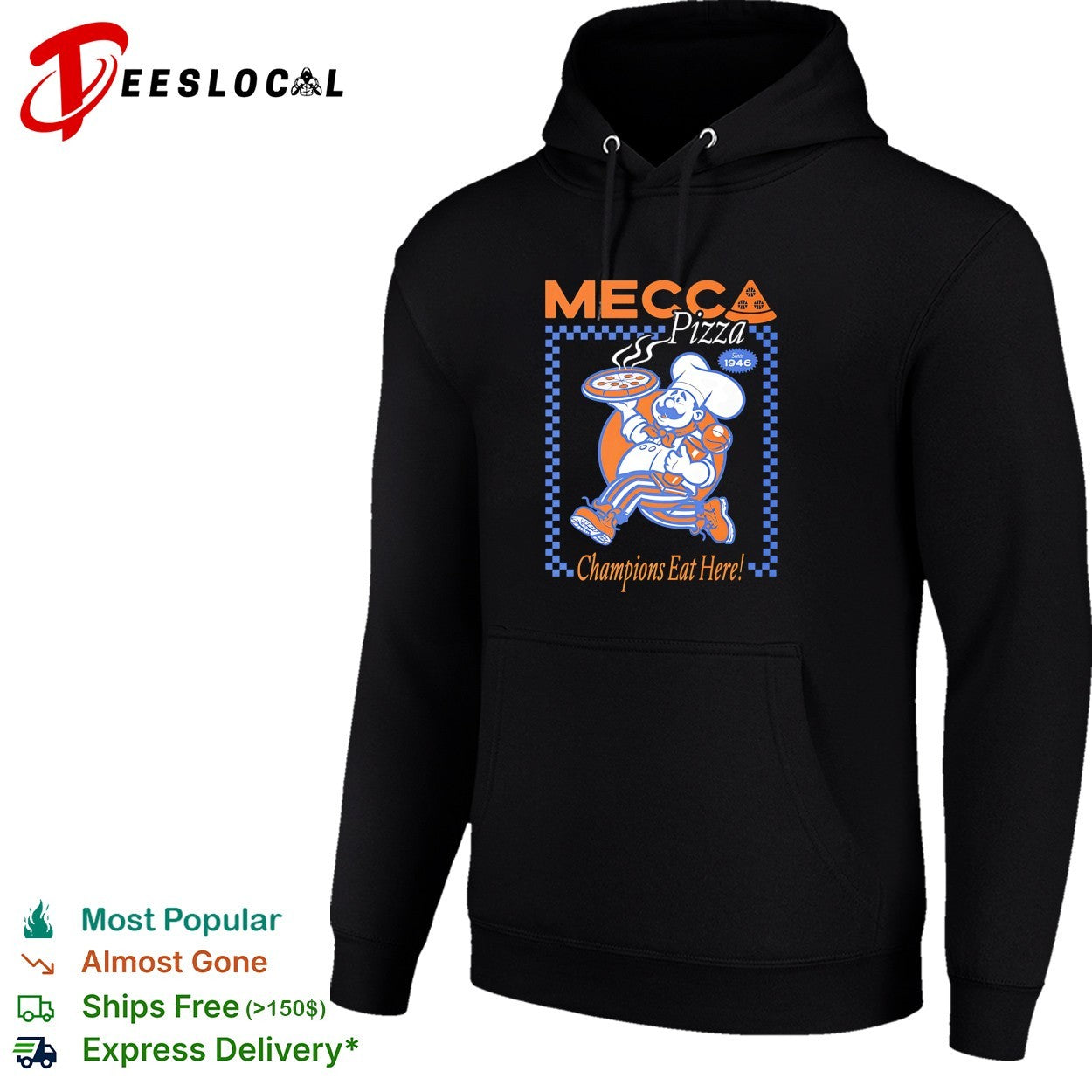 Mecca Pizza chef mascot champions eat here vintage badge shirt