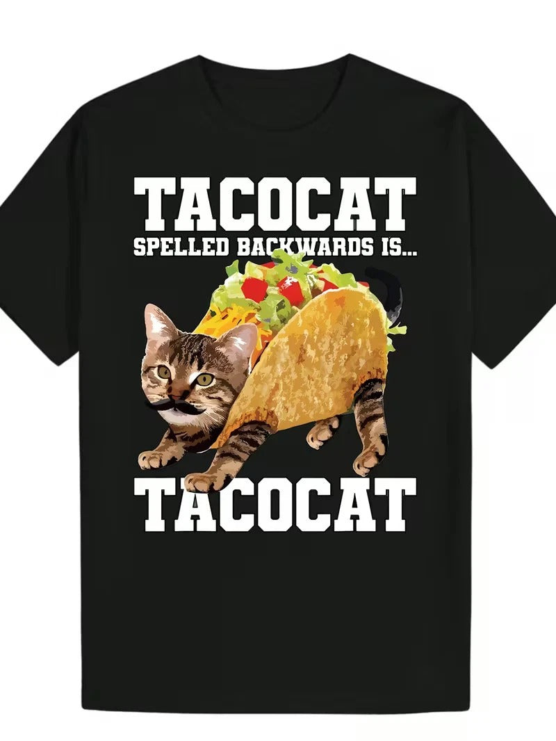 Men's Funny Taco Cat Spanish Wordplay T-Shirt - Tabby Cat & Taco Design with "TA