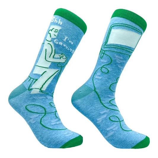 Men's Shh Im Gaming Socks Funny Be Quiet Gamer Video Games Lover Footwear Funny Graphic Socks Comfortable Fitted Spandex Cotton