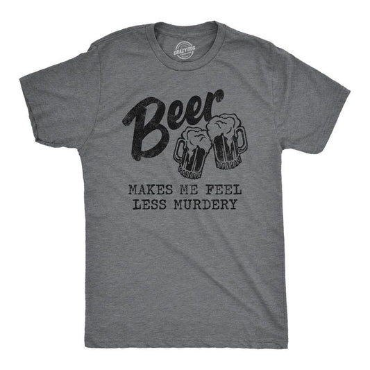 Mens Beer Makes Me Feel Less Murdery T Shirt Funny Drinking Joke Graphic Novelty Tee Mens Funny T Shirts Cool Slimming Tees with Plus Sizes Introvert T Shirt for Men Funny Beer T Shirt Novelty Tees Dark Grey
