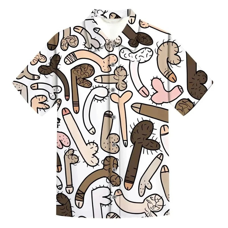 Mens Button Down Shirts Funny Penis Pattern Printed Hawaiian Tops Novelty Ugly