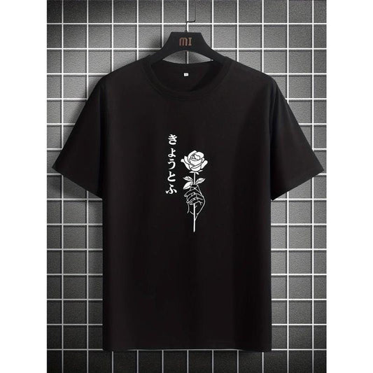Mens Fashionable Rose Pattern T-Shirt - Casual Street Style, Stretch Round Neck Tee - Lightweight & Breathable for Summer...