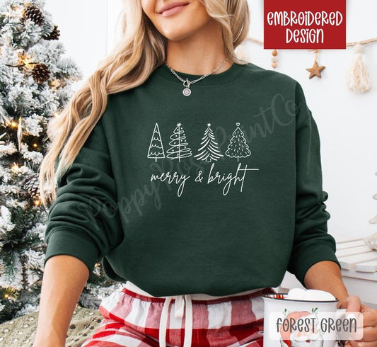 Merry & Bright Embroidered Christmas Sweatshirt, Holiday Crewneck, Xmas Sweater