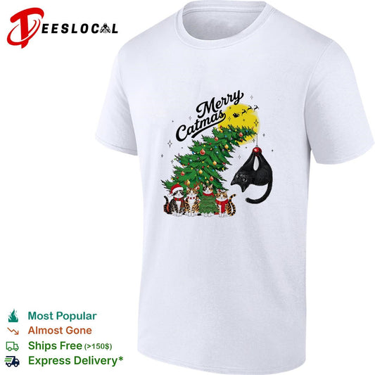 Merry Catmas cats around Christmas tree holiday humor shirt