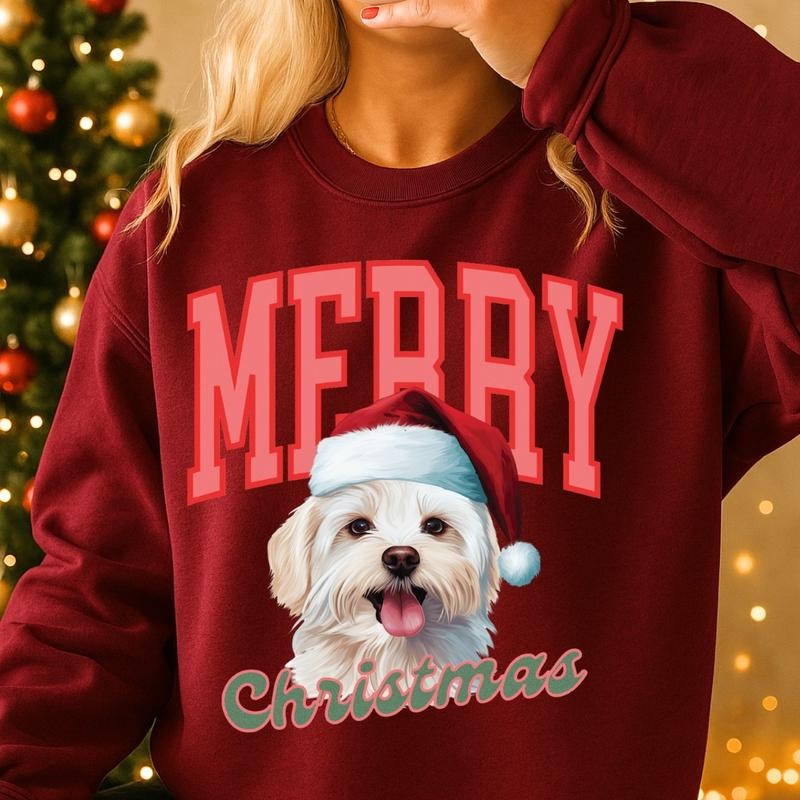 Merry Christmas Maltese Sweatshirt, Christmas Dog, Festive Holiday Crewneck, Custom Sweatshirt