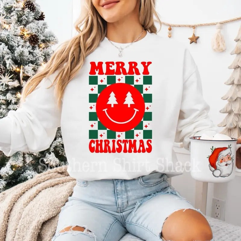Merry Christmas Smiley Checkered Sweatshirt | Christmas Sweatshirt - clothing by TeeHivey.com