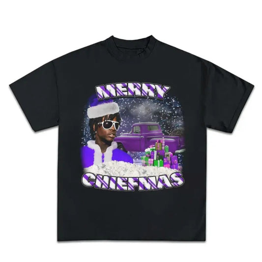 Mery Chiefmas Purple Winter Christmas Santa Keef Graphic Rap Tee Shirt Streetwear Menswear Top