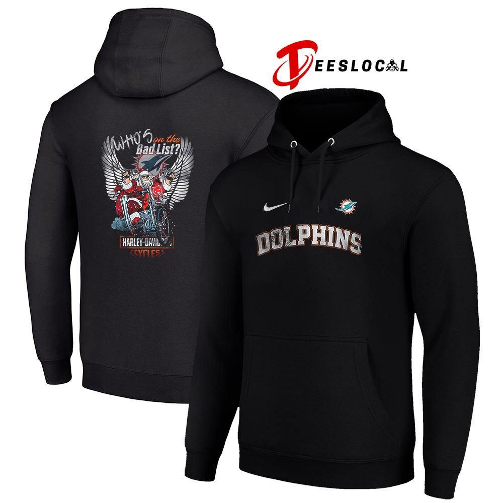 Miami Dolphins x Harley Davidson Santa Claus who’s on the bad list graphic shirt