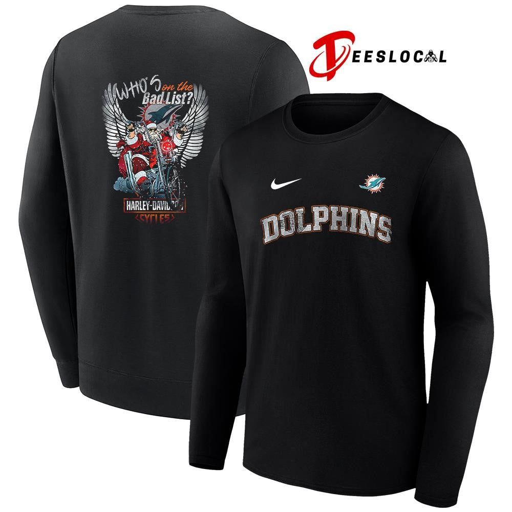 Miami Dolphins x Harley Davidson Santa Claus who’s on the bad list graphic shirt