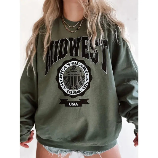 Midwest Sweatshirt, Trendy Collegiate Vintage Style Crewneck, Aesthetic Y2K Sporty Sweatshirt