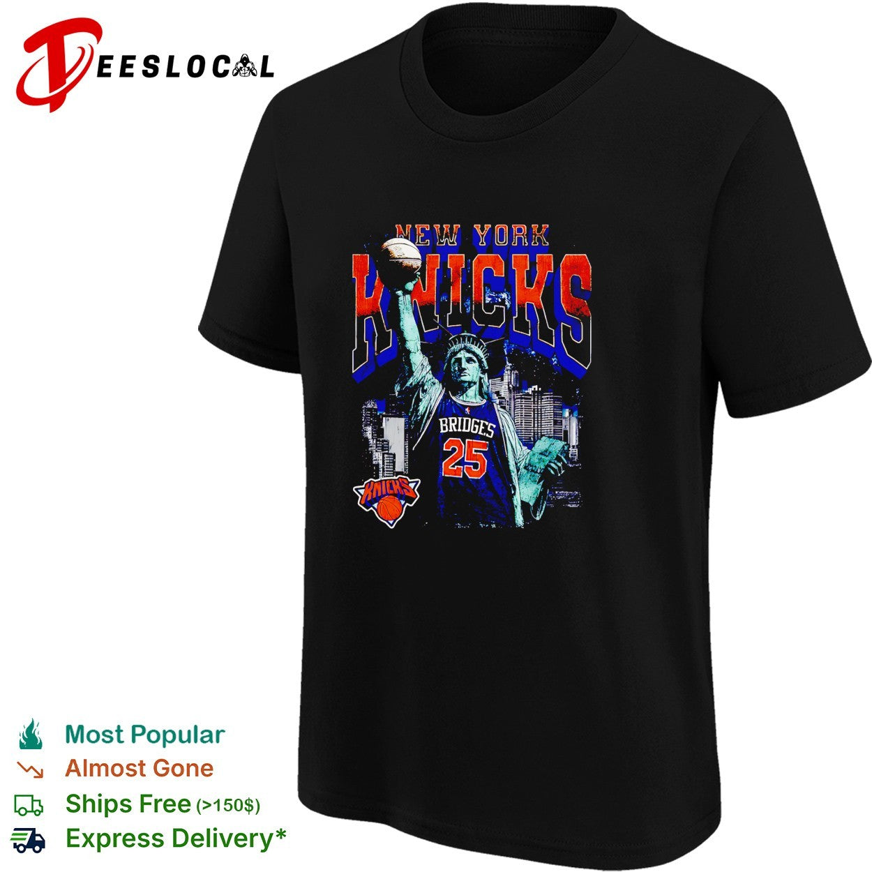 Mikal Bridges 25 New York Knicks Statue of Liberty skyline basketball shirt