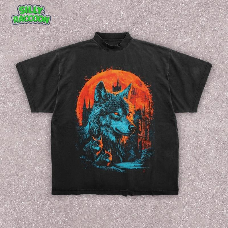 [ Mineral Wash ] Retro Dark Wolves Washed TShirt Moon Gothic Castle Fantasy Wolves Supernatural Goth Wolf Shirt Fantasy Halloween Shirt