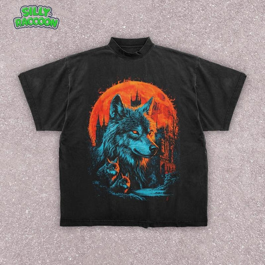 [ Mineral Wash ] Retro Dark Wolves Washed TShirt Moon Gothic Castle Fantasy Wolves Supernatural Goth Wolf Shirt Fantasy Halloween Shirt
