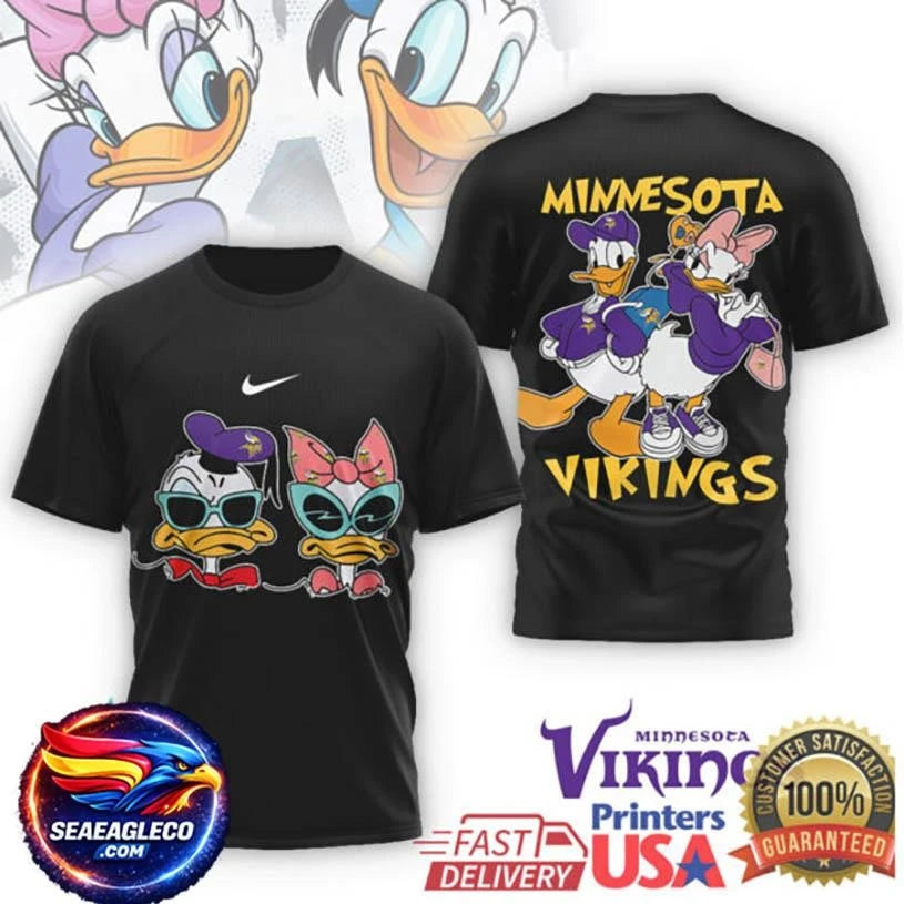 Minnesota Vikings Donald &amp; Daisy Duck Cartoon T Shirt Purple &amp; Gold Two Sided Shirt