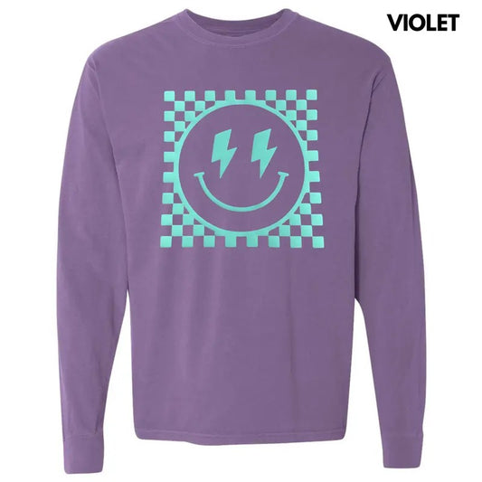 Mint Puff Checkered Happy Face Long Sleeve Comfort Colors T-Shirt