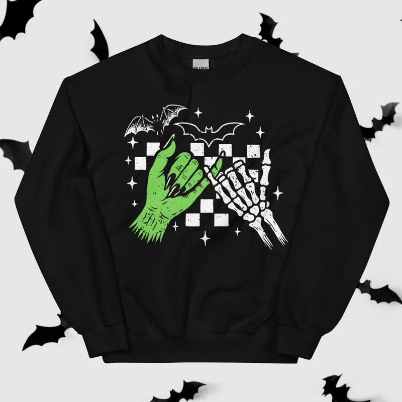 Monster & Bones Pinky Promise Sweatshirt Spooky Link-Up Crewneck Ghoul & Bones Besties Creepy Connection Sweatshirt Fright Night Handshake Bats & Bones Friendship Crewneck Undead Pinky Swear Monster Mash