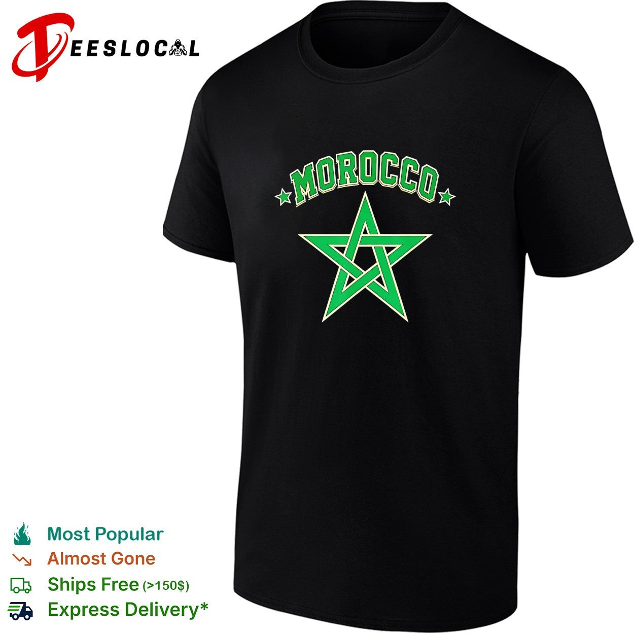 Morocco national team star pentagram arch varsity lettering soccer fan shirt