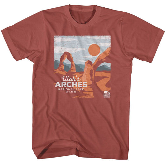 National Parks - Utahs Arches - American Classics - Solid Red Adult Short Sleeve T-Shirt - clothing by TeeHivey.com (Image 1)