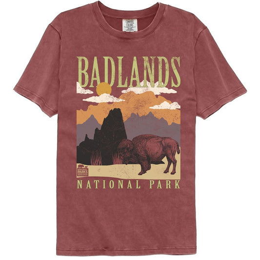 National Parks - Badlands Minimalist Landscape - American Classics - Solid Red Adult Short Sleeve Comfort Color... (Image 1)