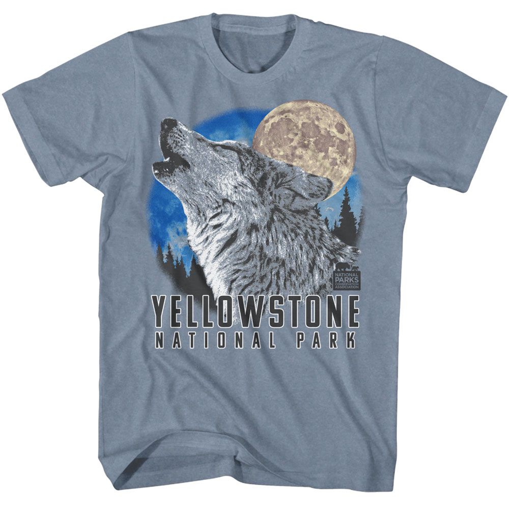 National Parks - Yellowstone Howling Wolf - American Classics - Heather Blue Adult Short Sleeve T-Shirt