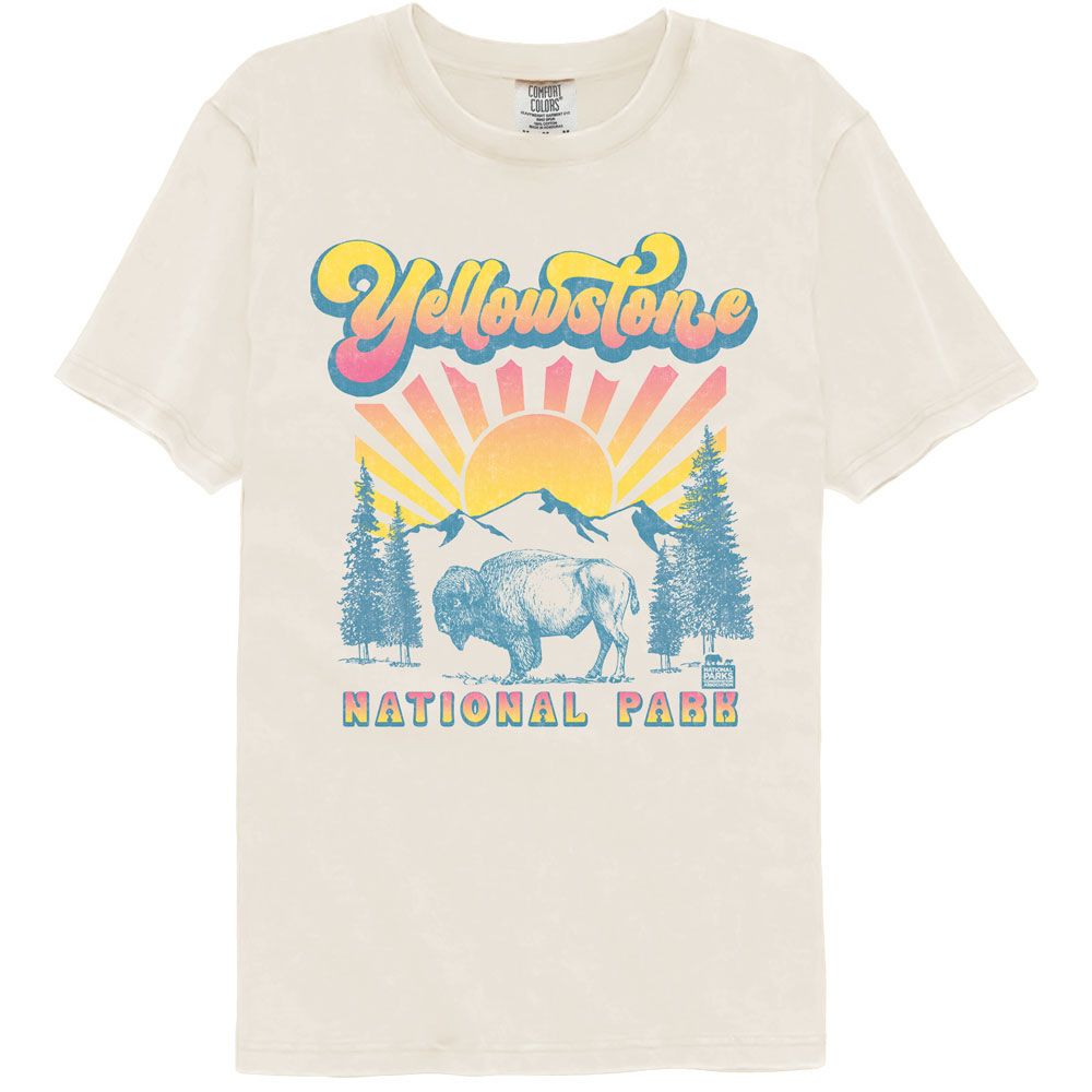 National Parks - Buffalo With Gradient Sun - American Classics - Solid Beige Adult Short Sleeve Comfort Color... (Image 1)