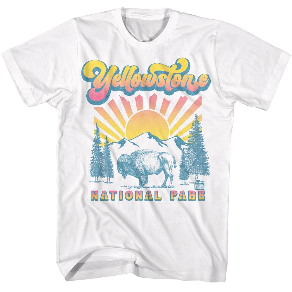 National Parks - Buffalo With Gradient Sun - American Classics - Solid White Adult Short Sleeve T-Shirt (Image 1)