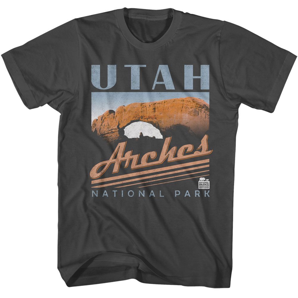 National Parks - Utah Arches - Gray Front Print Short Sleeve Solid Adult T-Shirt - clothing by TeeHivey.com (Image 1)