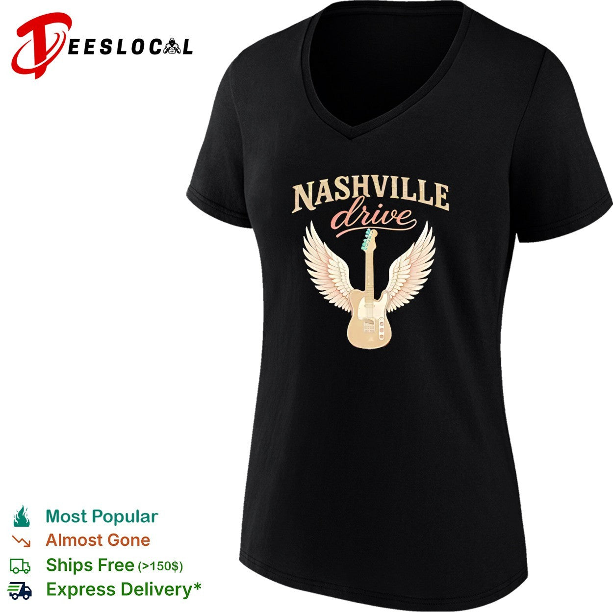 Nashville drive electric guitar with angel wings music theme shirt