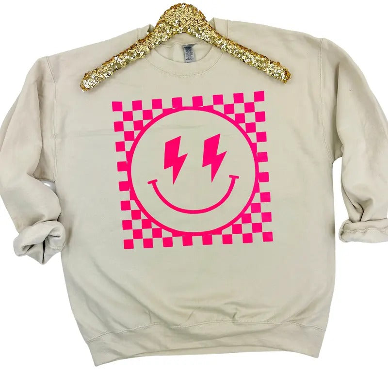 Neon Pink Checkered Happy Face Sweatshirt