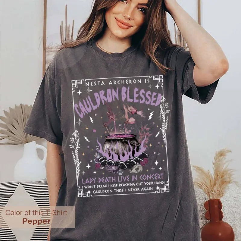 Nesta Archeron ACOTAR Cauldron Blessed Lady Death Band Shirt, Sarah J Maas Velaris Crescent City Rhysand Cassian, Book Quote Fan tshirt