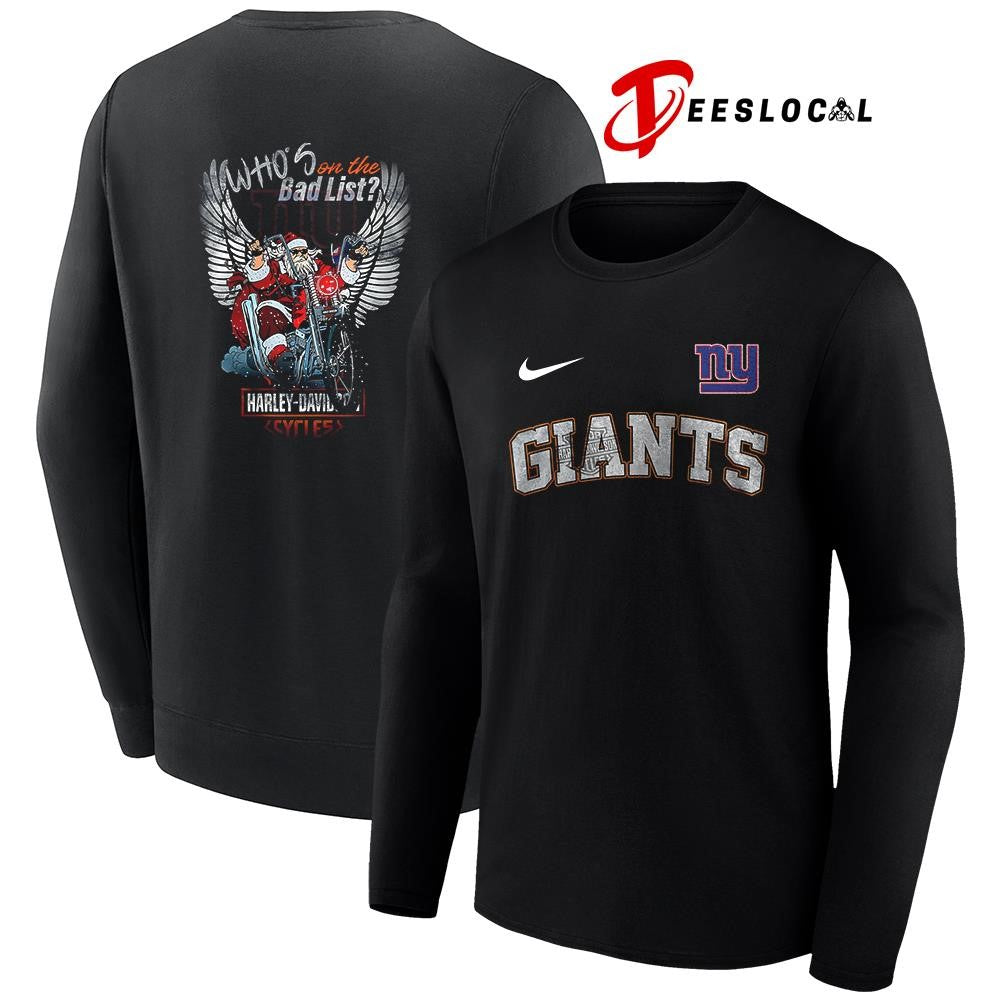 New York Giants x Harley Davidson Santa Claus who’s on the bad list graphic shirt
