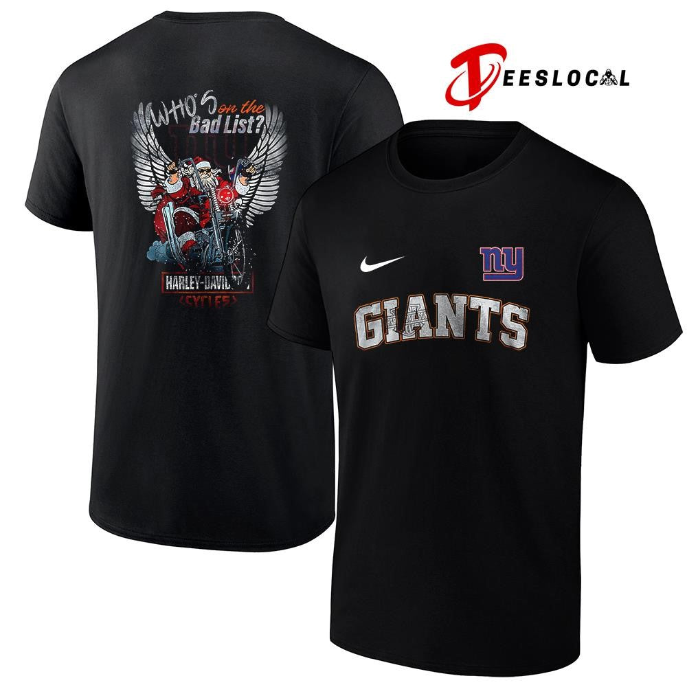 New York Giants x Harley Davidson Santa Claus who’s on the bad list graphic shirt