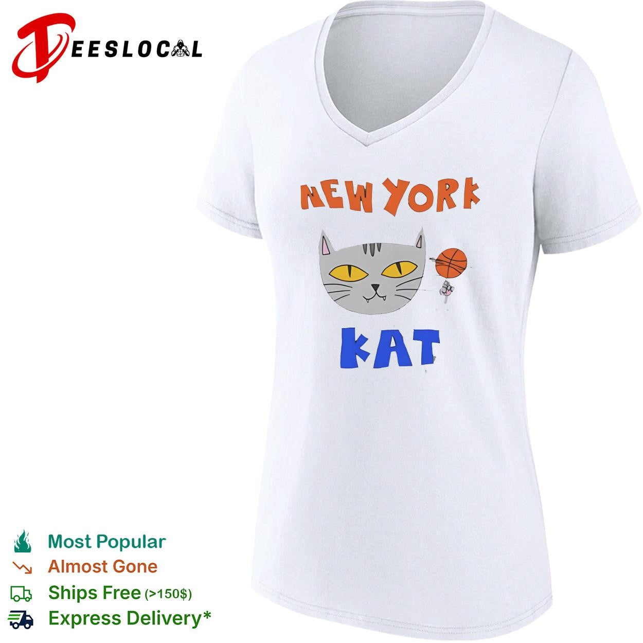 New York Kat cat face with basketball hand drawn cartoon mascot graphic shirt