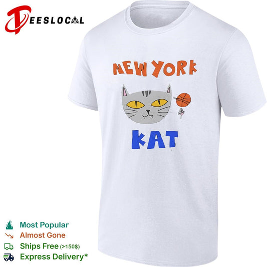 New York Kat cat face with basketball hand drawn cartoon mascot graphic shirt