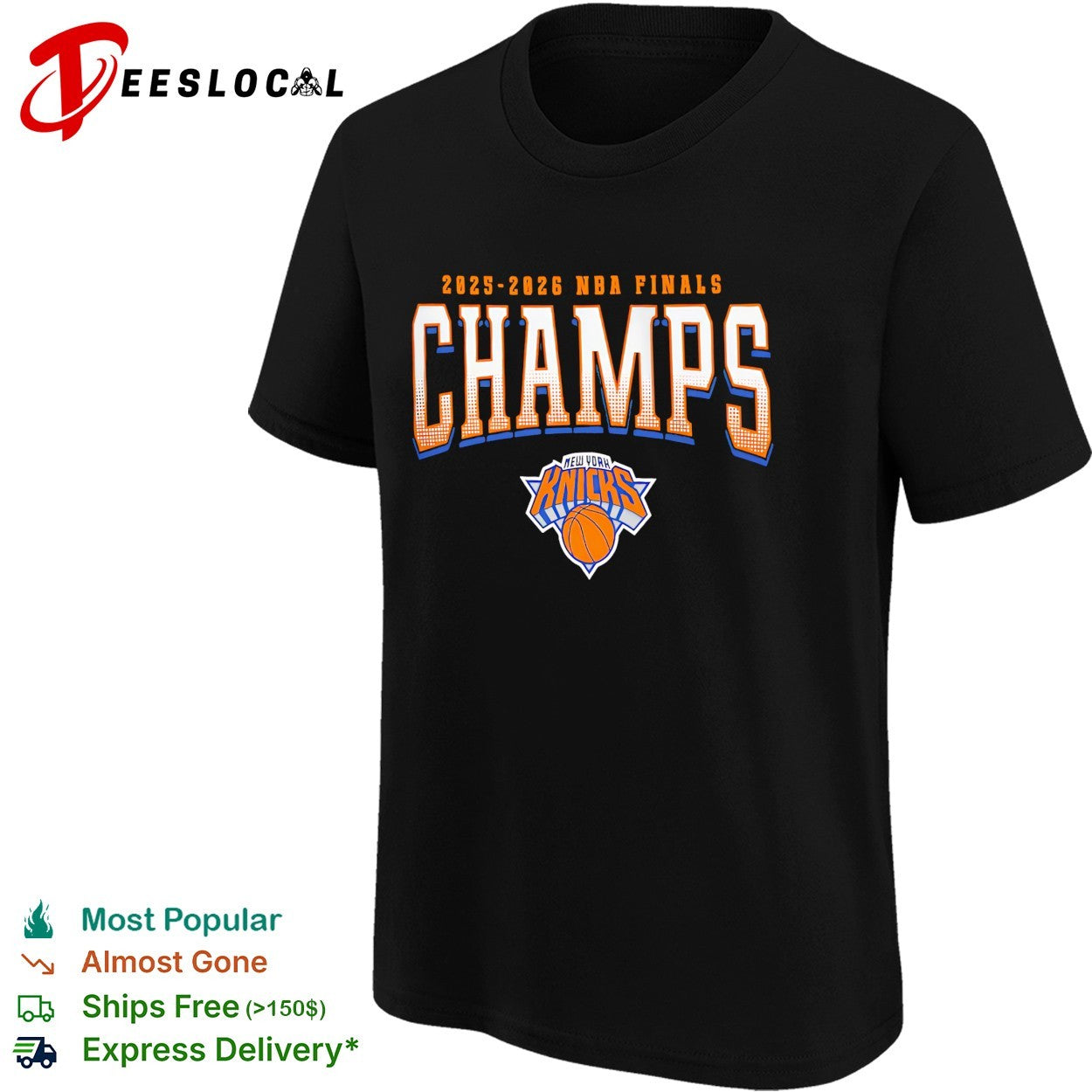 New York Knicks 2025-2026 NBA Finals Champs bold halftone arch text shirt