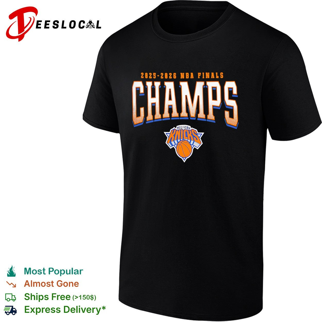 New York Knicks 2025-2026 NBA Finals Champs bold halftone arch text shirt
