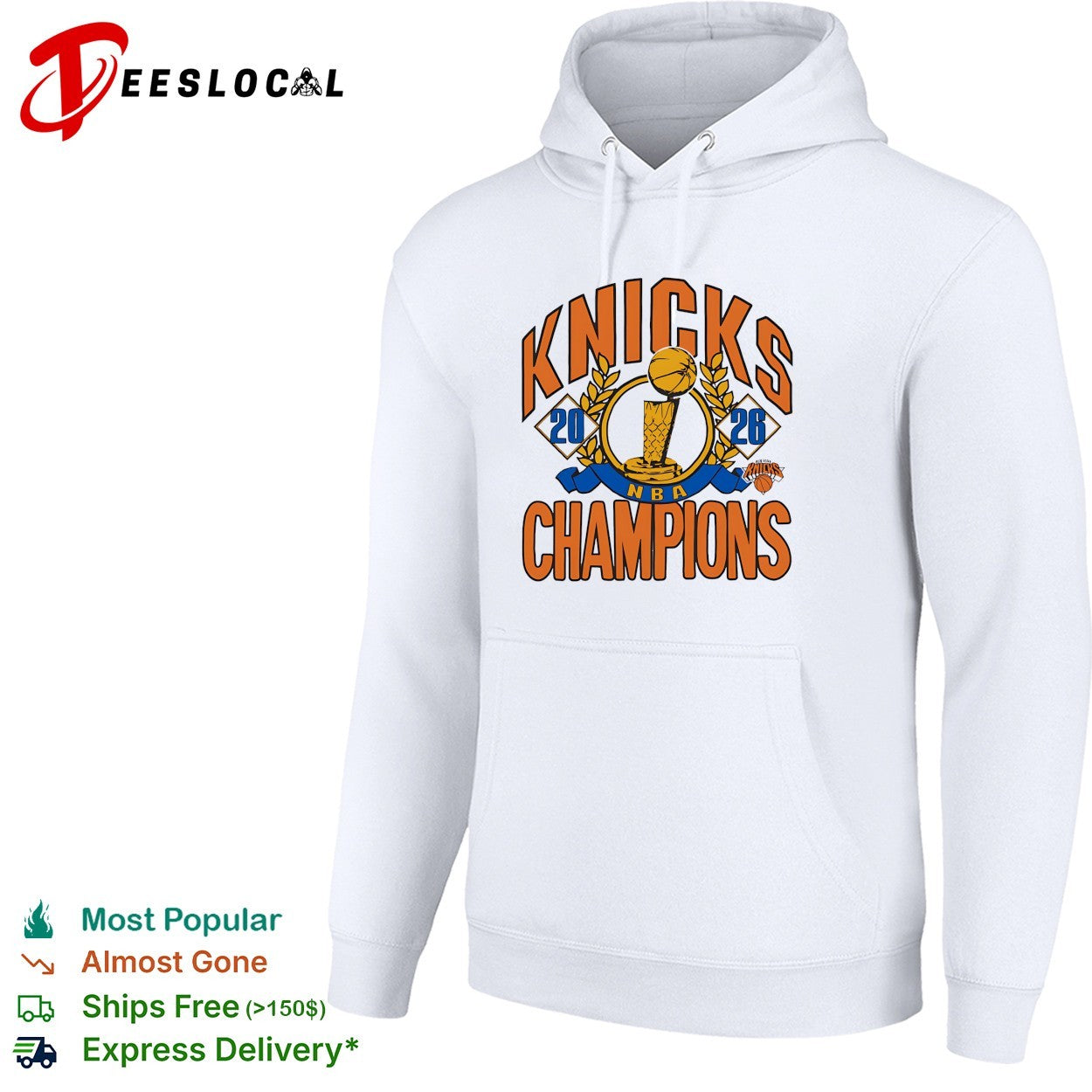 New York Knicks 2026 NBA Champions trophy laurel wreath bold arch text shirt