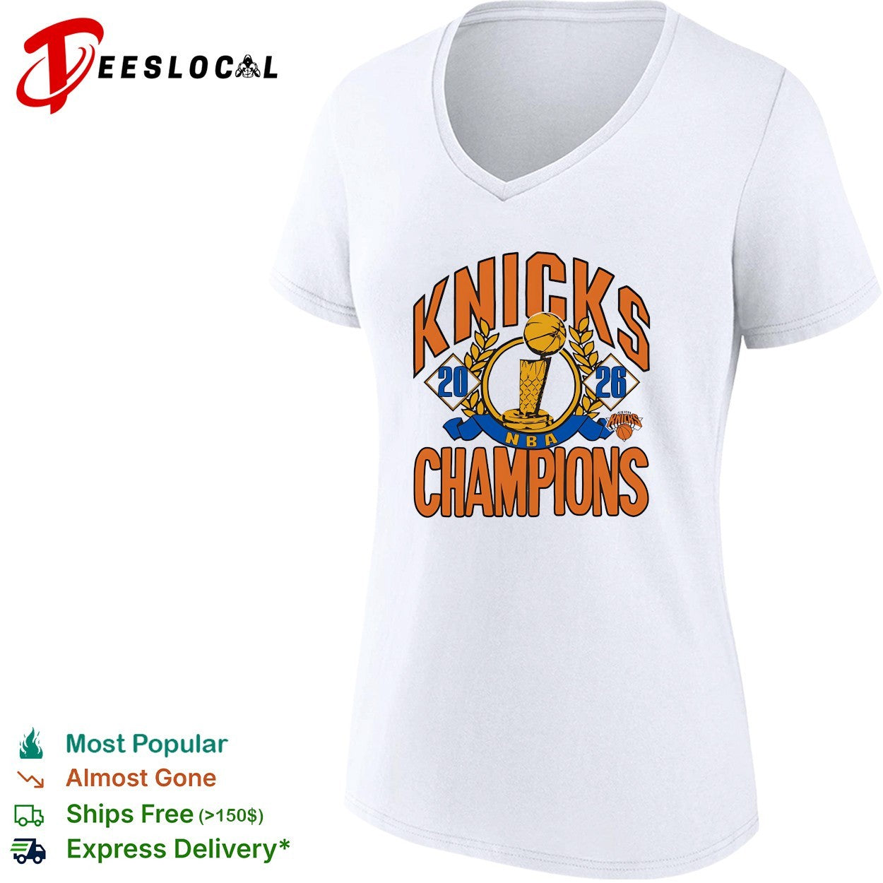 New York Knicks 2026 NBA Champions trophy laurel wreath bold arch text shirt