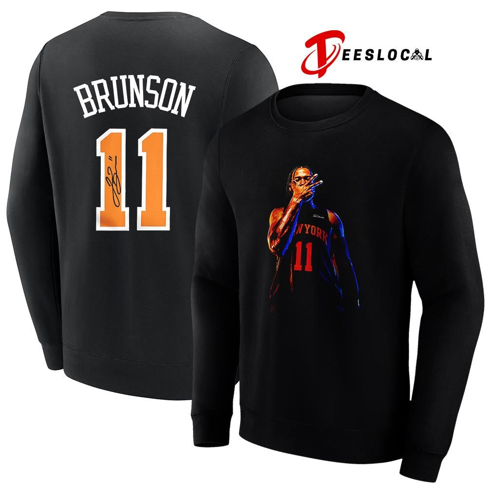 New York Knicks Jalen Brunson 11 name and number pose shirt