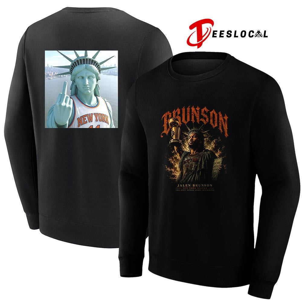 New York Knicks Jalen Brunson Statue of Liberty the city never stops believing middle finger shirt
