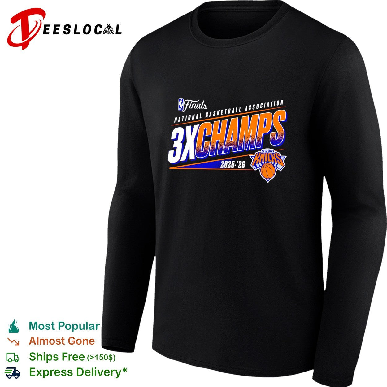 New York Knicks NBA Finals 3X Champs 2025-26 bold text logo shirt