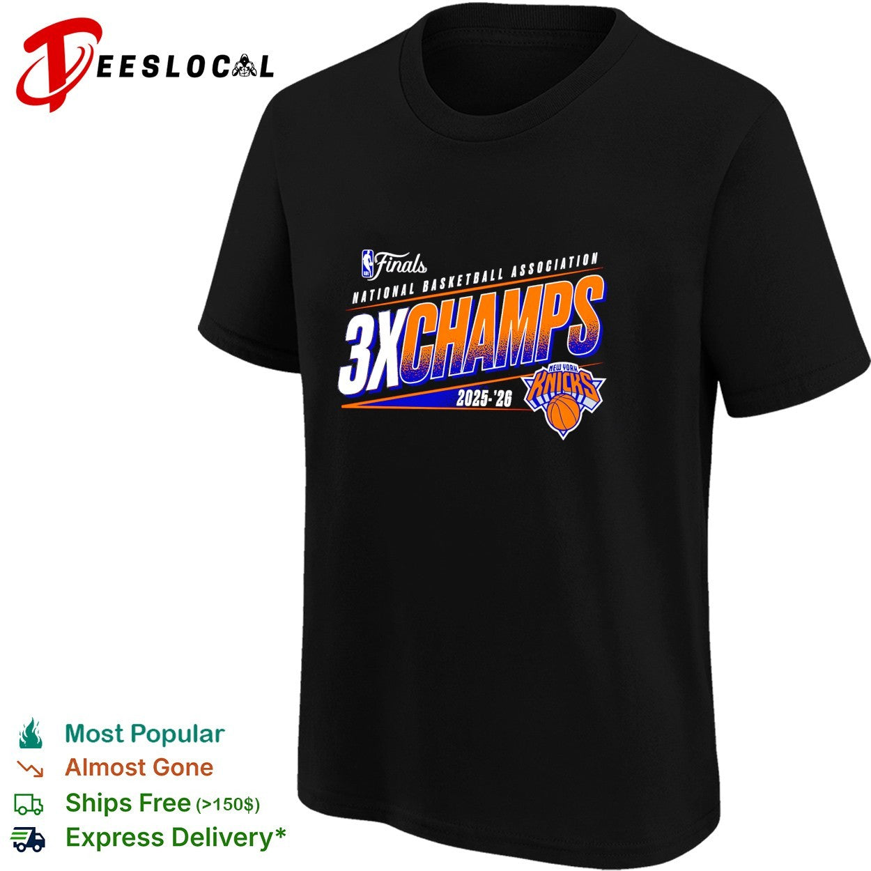 New York Knicks NBA Finals 3X Champs 2025-26 bold text logo shirt