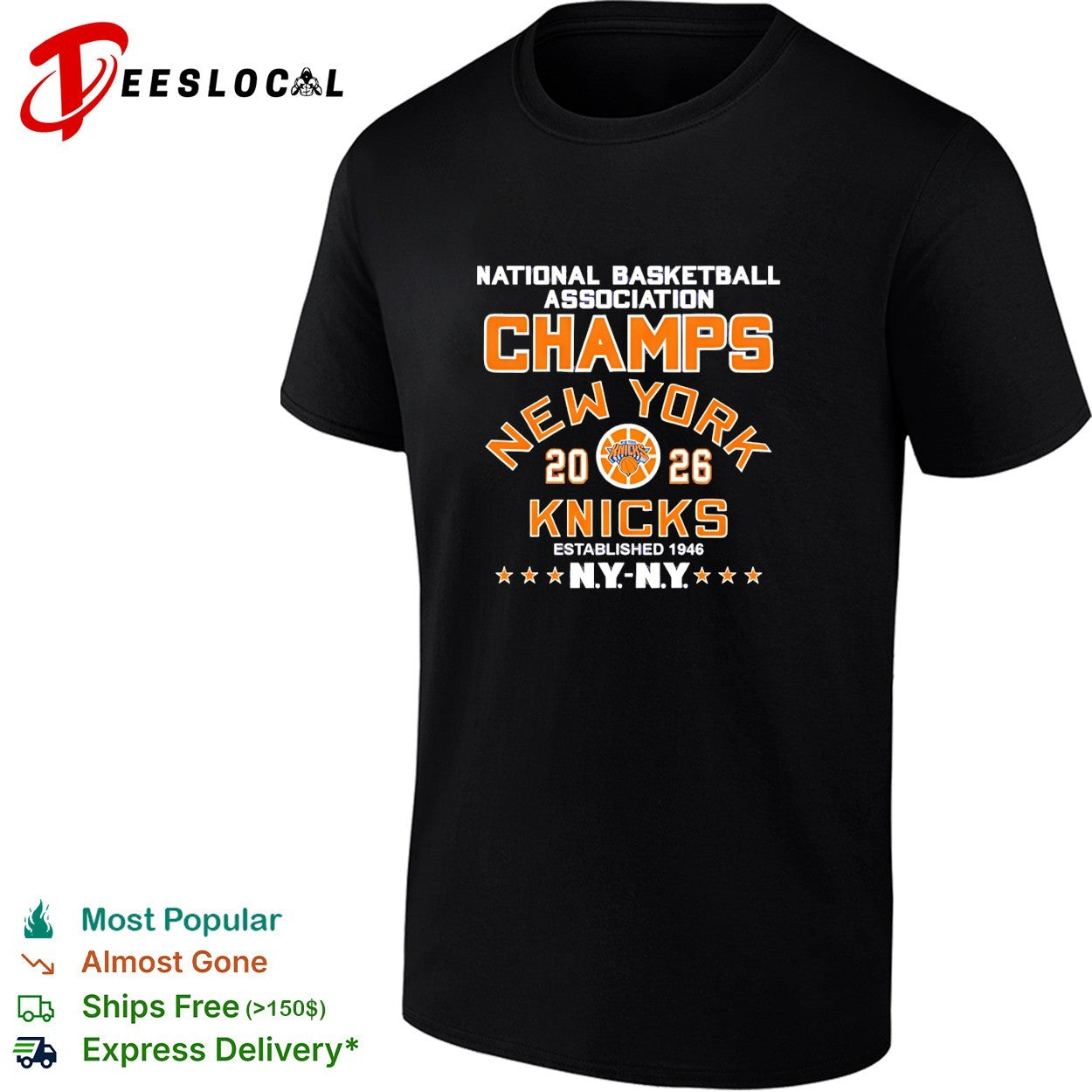 New York Knicks National Basketball Association champs starred established 1946 arched badge shirt