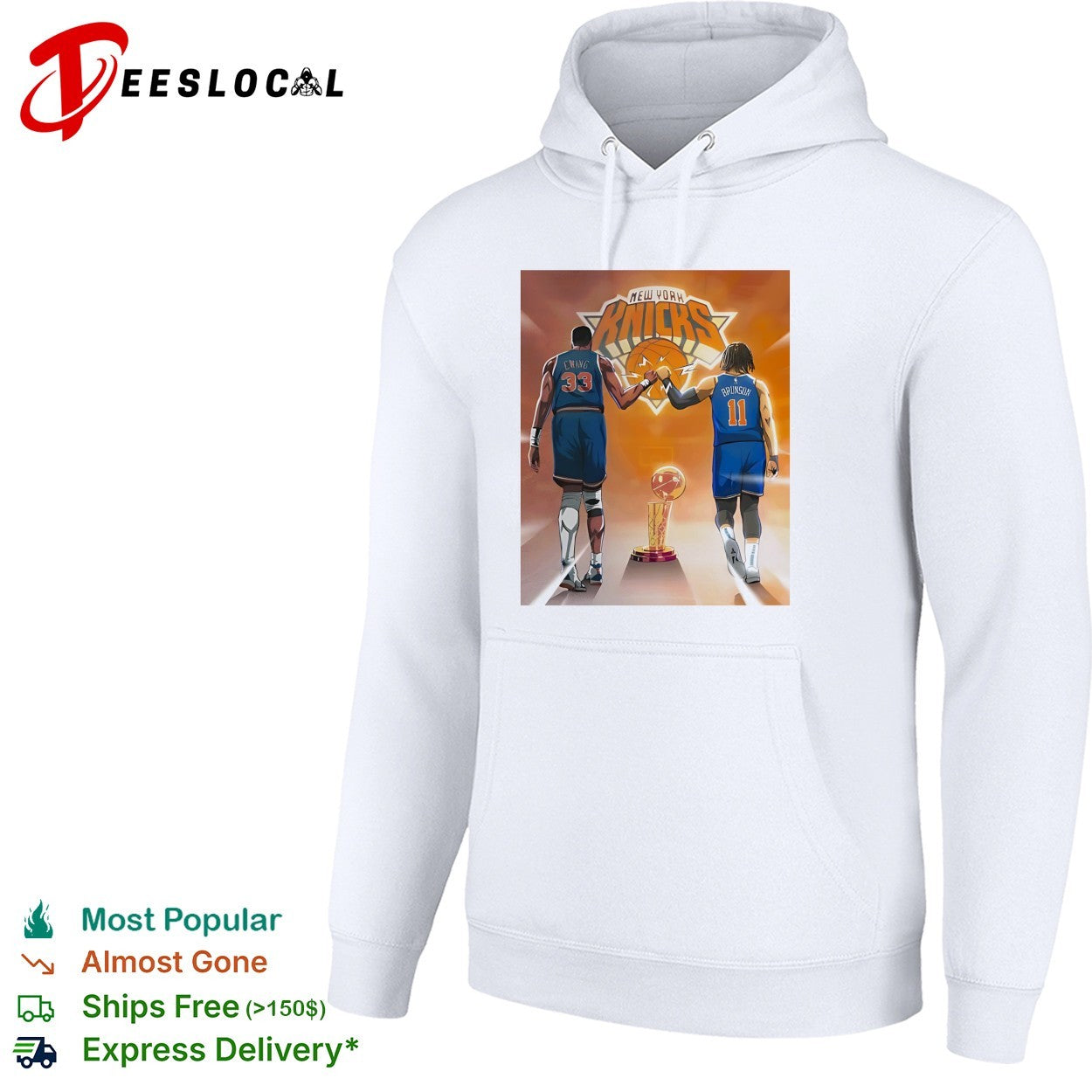 New York Knicks Patrick Ewing and Jalen Brunson walking with championship trophy shirt